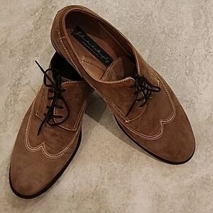 MENS JOHNSTON & MURPHY Size 12 Brown Contrast Stitch Suede Wingtip Lace-Up Shoes